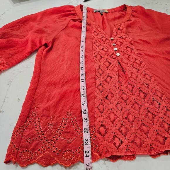 Figueroa & Flower Boho Peasant Rusty Orange Lace Button Neck Top Size Medium - Picture 9 of 9